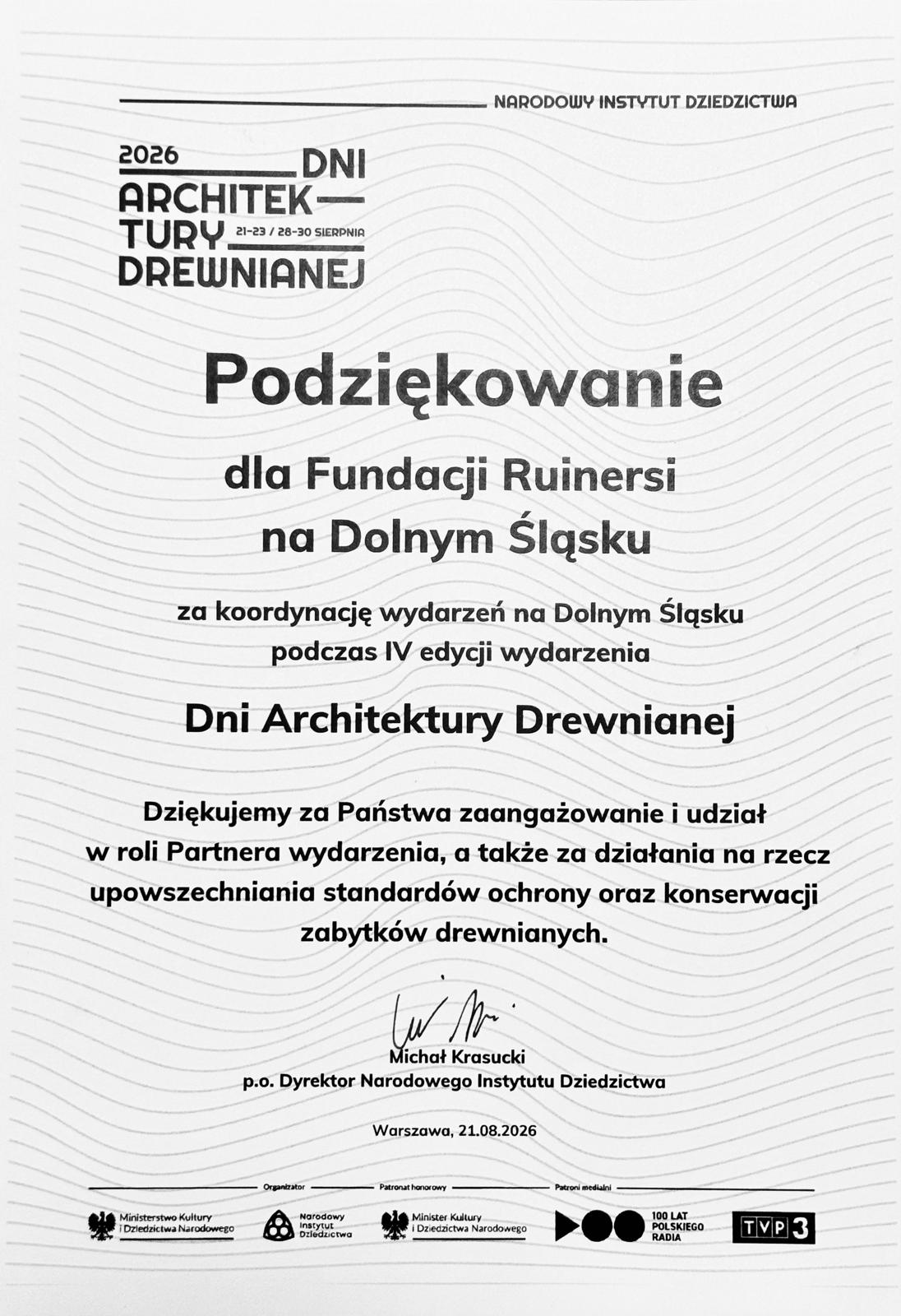 Podziękowanie za współpracę przy Dniach Architektury Drewnianej 2026